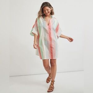 NWT RW&CO Striped Cotton Voile Elbow Sleeve Split-Neck Beach Dress Multi Color M